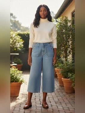 Talbots Sailor Jean Wide Leg Crop Light Wash Gold Nautical Buttons Size 14